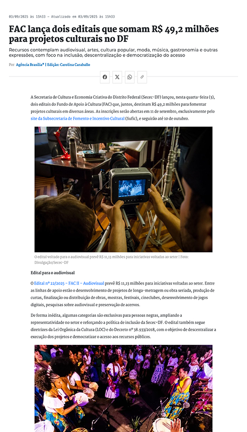 FAC lança dois editais que somam R$ 49,2 milhões para projetos culturais no DF