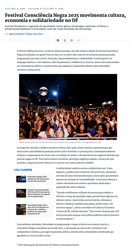 Festival Consciência Negra 2025 movimenta cultura, economia e solidariedade no DF